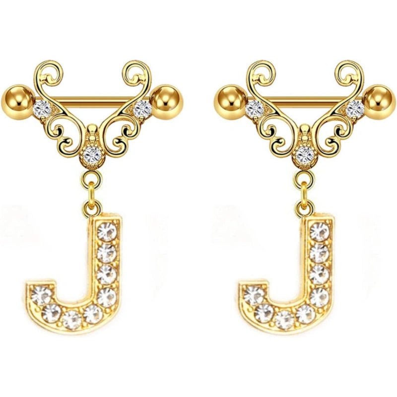 14G Gold Initial Dangle Nipple Rings – 316L Stainless Steel CZ Nipple Jewelry, Pair