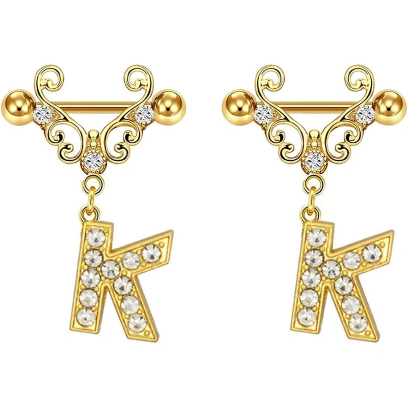 14G Gold Initial Dangle Nipple Rings – 316L Stainless Steel CZ Nipple Jewelry, Pair