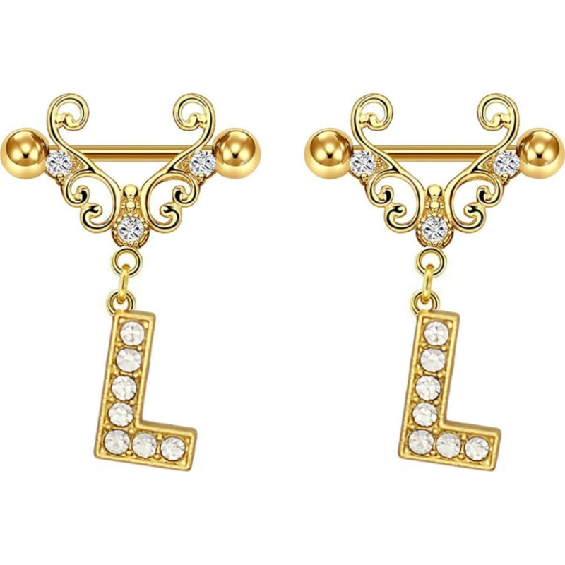 14G Gold Initial Dangle Nipple Rings – 316L Stainless Steel CZ Nipple Jewelry, Pair