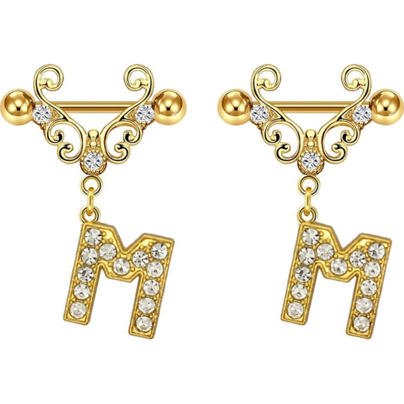14G Gold Initial Dangle Nipple Rings – 316L Stainless Steel CZ Nipple Jewelry, Pair