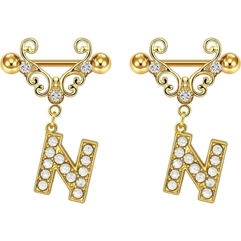 14G Gold Initial Dangle Nipple Rings – 316L Stainless Steel CZ Nipple Jewelry, Pair