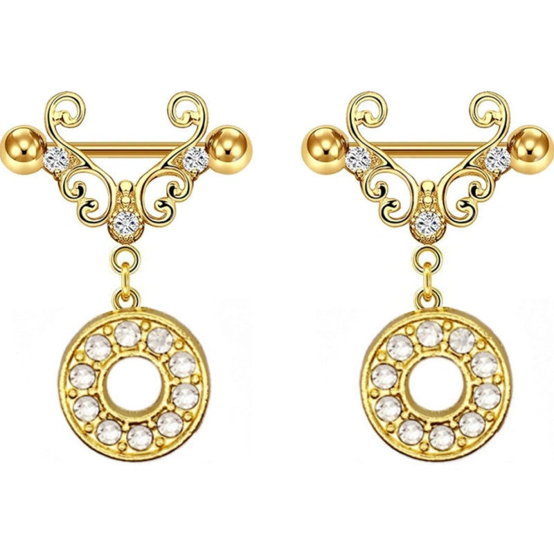14G Gold Initial Dangle Nipple Rings – 316L Stainless Steel CZ Nipple Jewelry, Pair