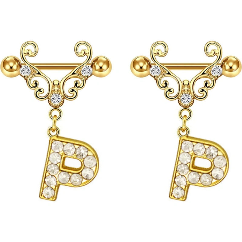14G Gold Initial Dangle Nipple Rings – 316L Stainless Steel CZ Nipple Jewelry, Pair