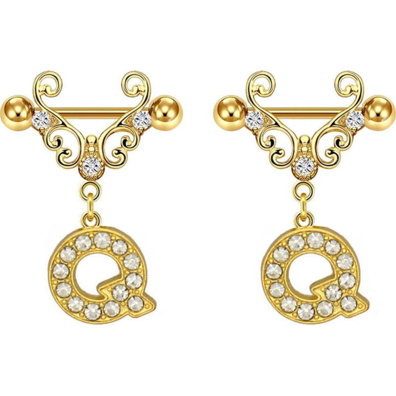 14G Gold Initial Dangle Nipple Rings – 316L Stainless Steel CZ Nipple Jewelry, Pair
