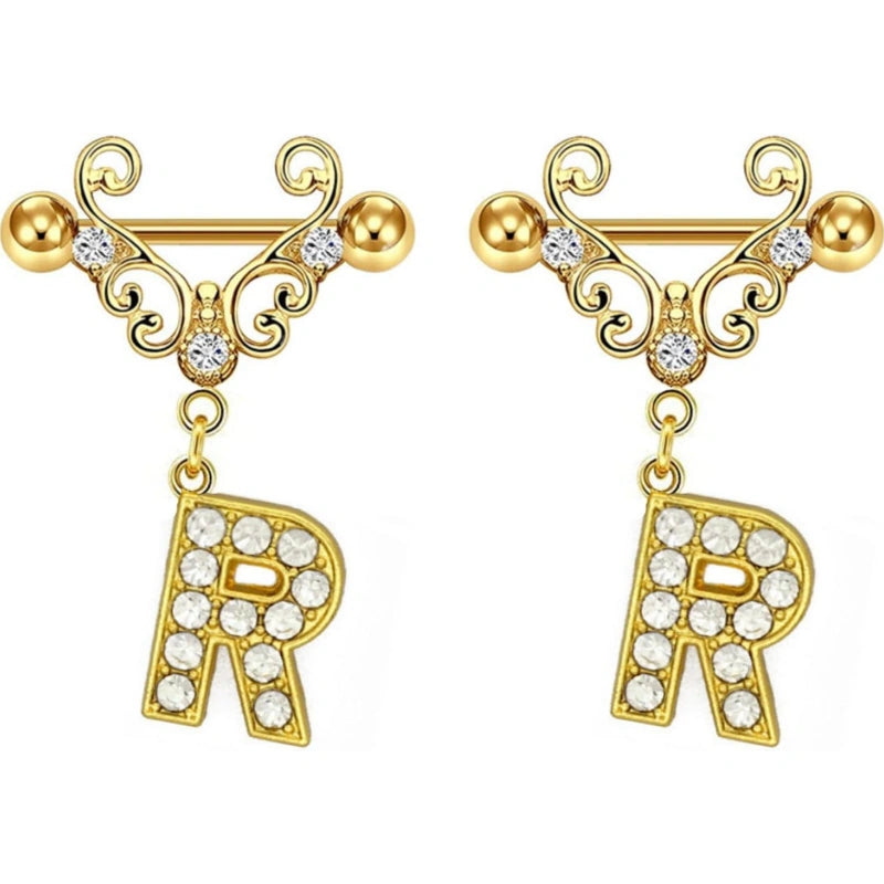 14G Gold Initial Dangle Nipple Rings – 316L Stainless Steel CZ Nipple Jewelry, Pair