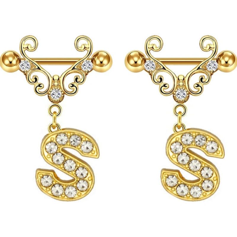 14G Gold Initial Dangle Nipple Rings – 316L Stainless Steel CZ Nipple Jewelry, Pair