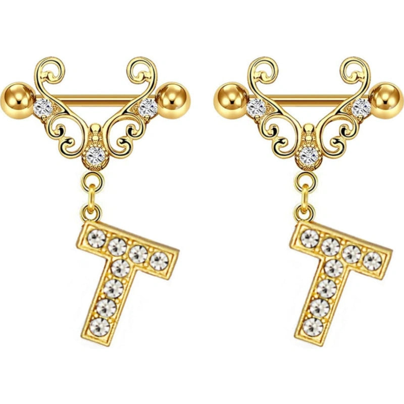 14G Gold Initial Dangle Nipple Rings – 316L Stainless Steel CZ Nipple Jewelry, Pair