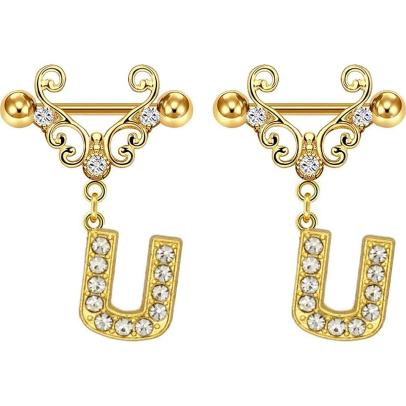 14G Gold Initial Dangle Nipple Rings – 316L Stainless Steel CZ Nipple Jewelry, Pair