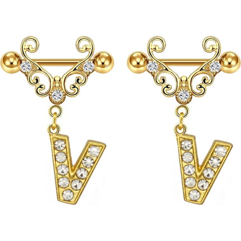 14G Gold Initial Dangle Nipple Rings – 316L Stainless Steel CZ Nipple Jewelry, Pair