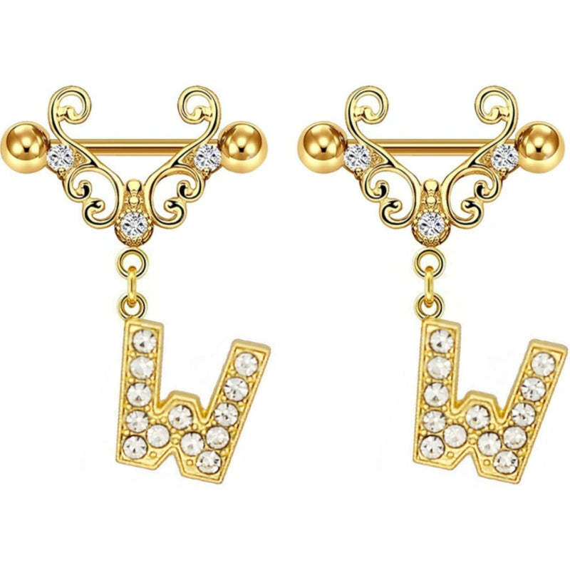 14G Gold Initial Dangle Nipple Rings – 316L Stainless Steel CZ Nipple Jewelry, Pair