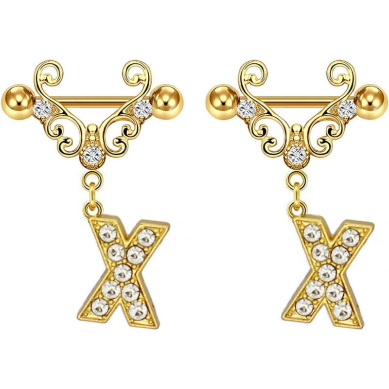 14G Gold Initial Dangle Nipple Rings – 316L Stainless Steel CZ Nipple Jewelry, Pair