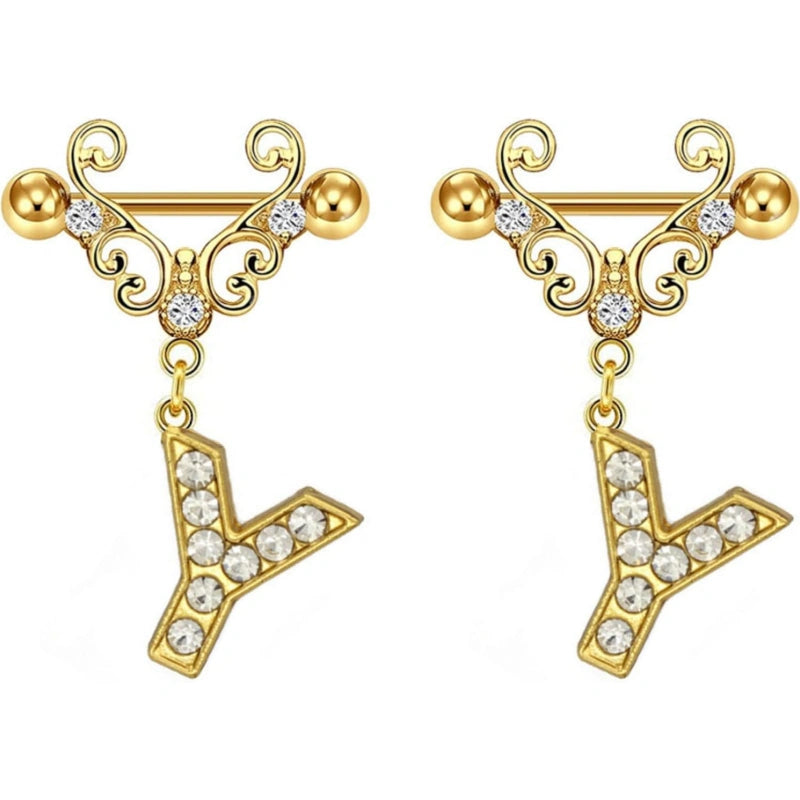 14G Gold Initial Dangle Nipple Rings – 316L Stainless Steel CZ Nipple Jewelry, Pair