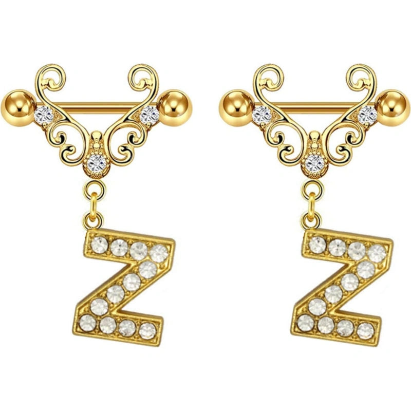 14G Gold Initial Dangle Nipple Rings – 316L Stainless Steel CZ Nipple Jewelry, Pair