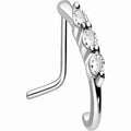 316L Stainless Steel L-Shaped Nostril Stud 3 CZ Crystals Nose Ring Hoop Look