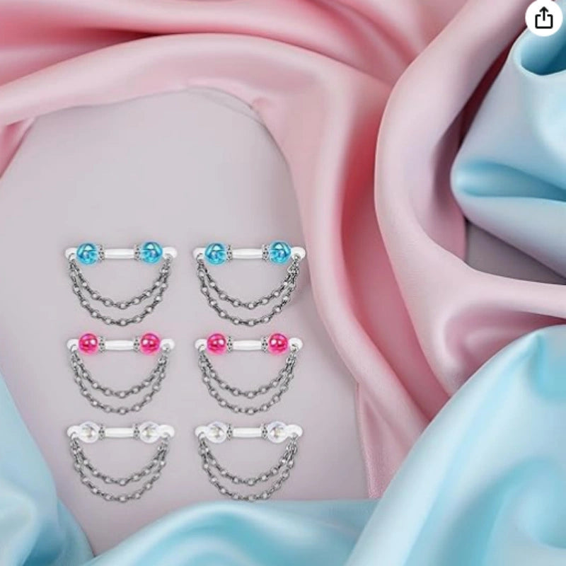 6-Piece Jelly Cat's Eye Fake Nipple Rings Set | Chain Non-Piercing Nipple Clips Sexy Nipple Jewelry