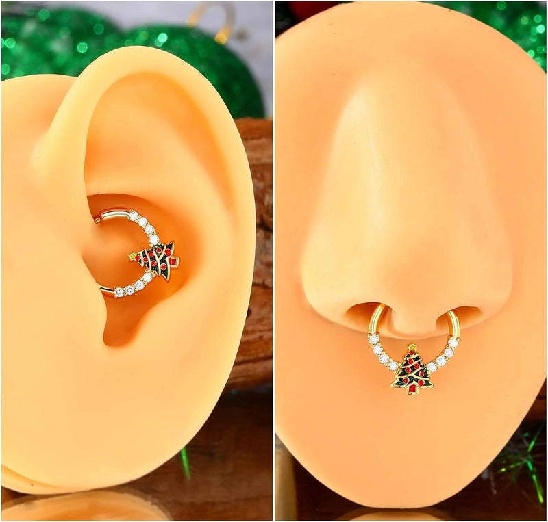 Christmas Tree Septum Ring 16G 316L Surgical Steel CZ Gold Piercing Jewelry