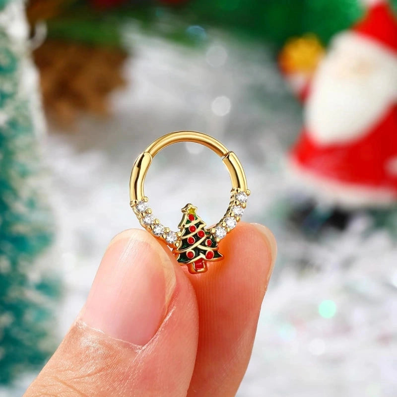 Christmas Tree Septum Ring 16G 316L Surgical Steel CZ Gold Piercing Jewelry