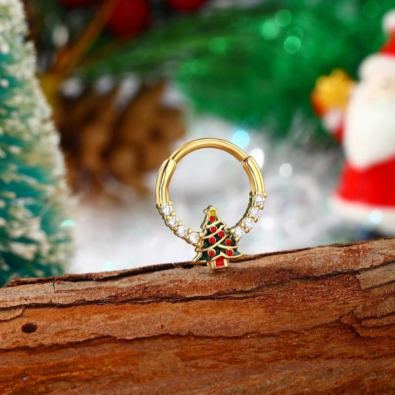 Christmas Tree Septum Ring 16G 316L Surgical Steel CZ Gold Piercing Jewelry