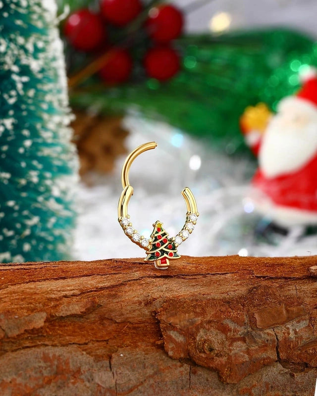 Christmas Tree Septum Ring 16G 316L Surgical Steel CZ Gold Piercing Jewelry