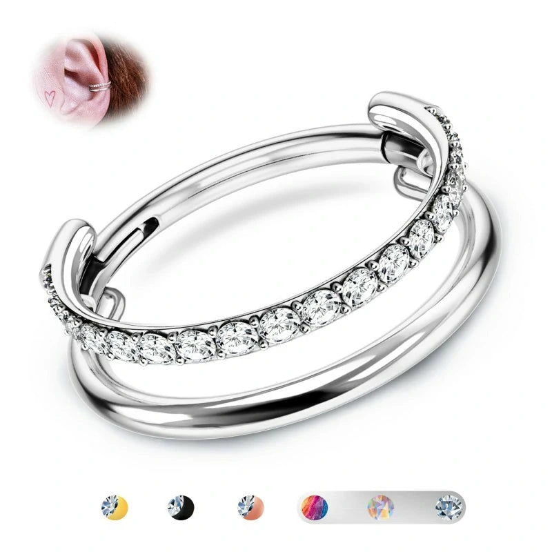 16G G23 Titanium Double Triple Stacked Hoop CZ Clicker Cartilage Conch Septum Ring