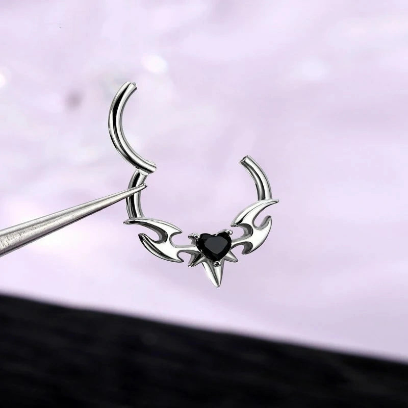 Gothic Bat Wing Septum Ring 316L Stainless Steel Black Heart Septum Clicker