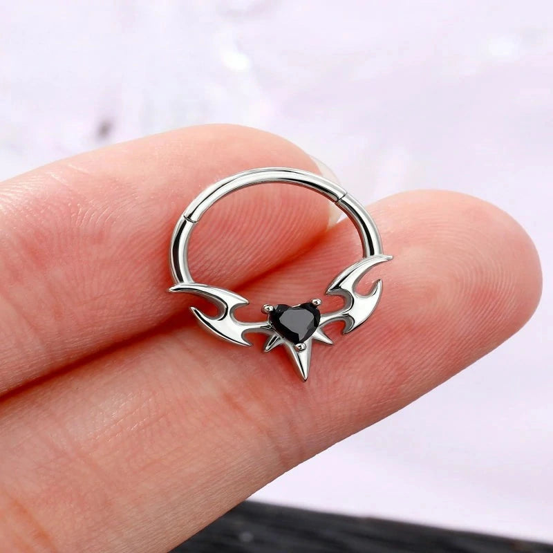 Gothic Bat Wing Septum Ring 316L Stainless Steel Black Heart Septum Clicker