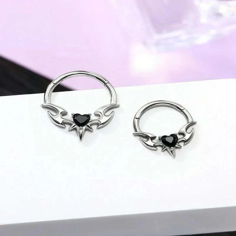 Gothic Bat Wing Septum Ring 316L Stainless Steel Black Heart Septum Clicker