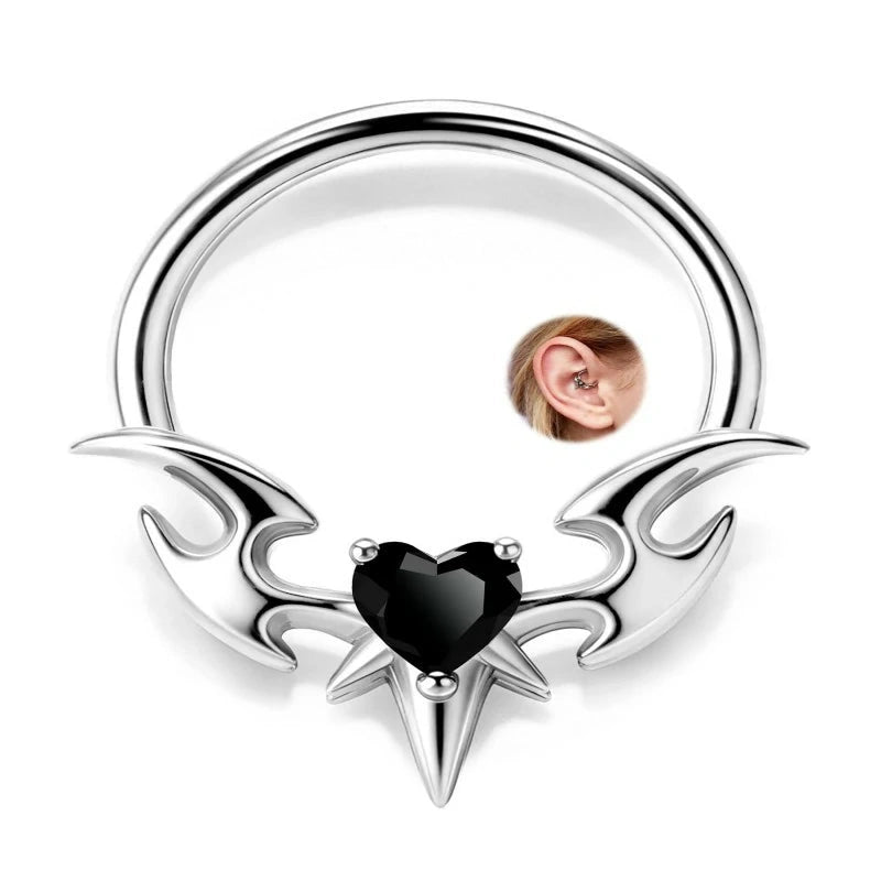 Gothic Bat Wing Septum Ring 316L Stainless Steel Black Heart Septum Clicker