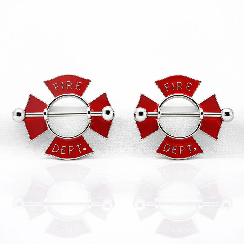 Firefighter Nipple Rings 14G – 316L Stainless Steel Fire Department Body Jewelry, Sold as a Pair**