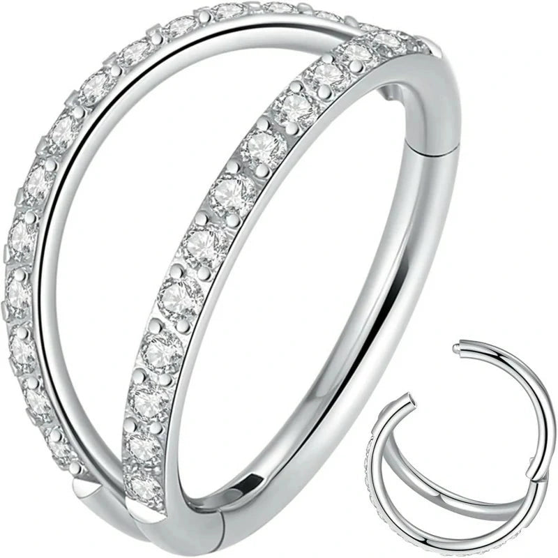 Double Hoop Clear CZ Nose Ring 316L Surgical Steel Elegant Piercing Jewelry