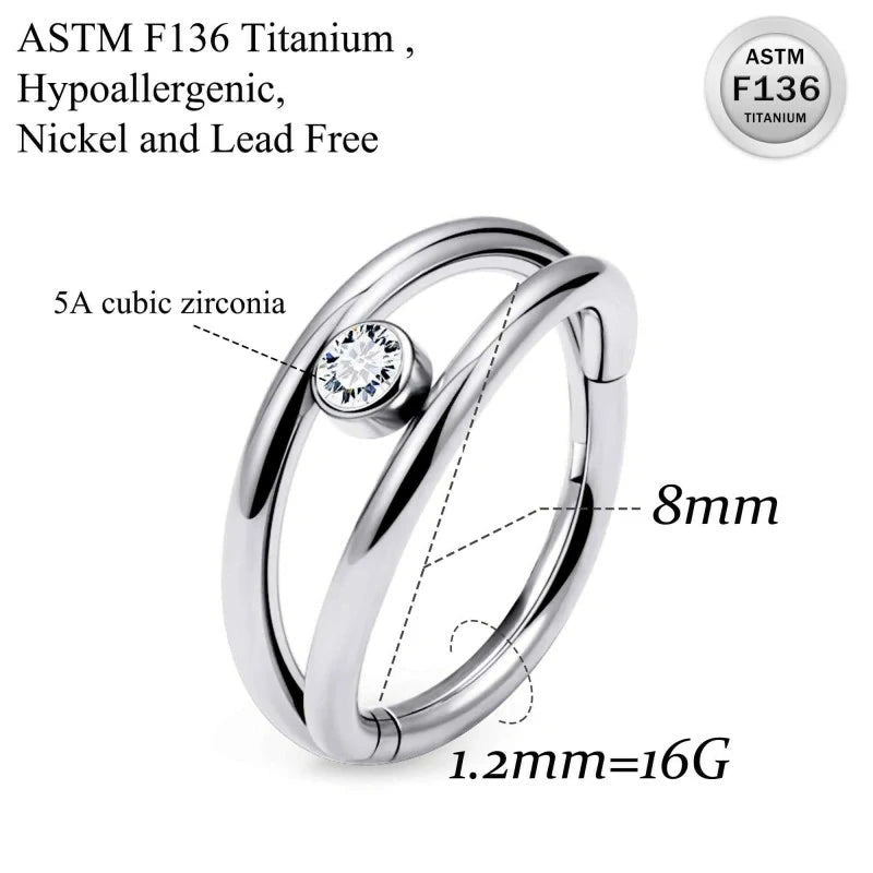ASTM F136 Titanium CZ Clicker Septum Ring 16G 18G 20G Double Stack Nose Hoop