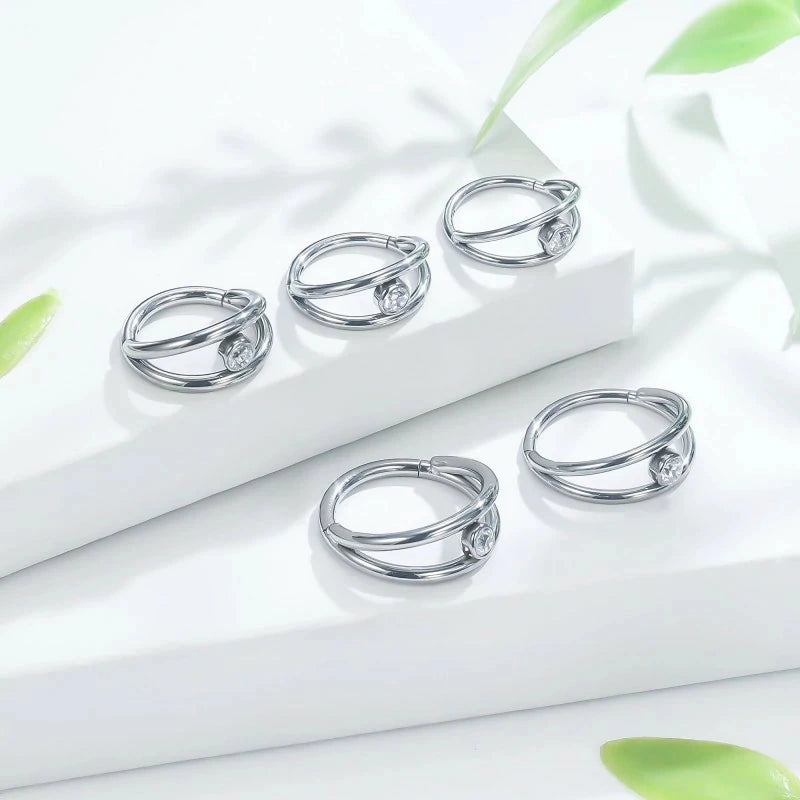 ASTM F136 Titanium CZ Clicker Septum Ring 16G 18G 20G Double Stack Nose Hoop