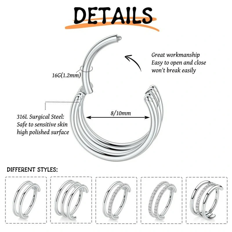 Triple Stacked 16G 8mm Conch Helix Hoop 316L Surgical Steel Hinged Clicker