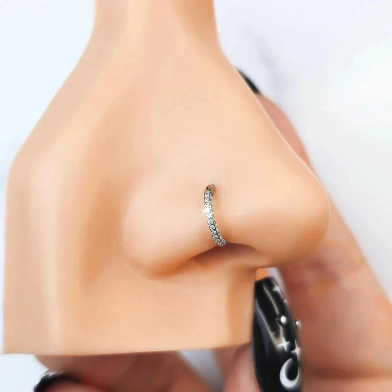 Triple-Sided Micro CZ Gem Nose Hoop Ring – Implant Grade Titanium Hinged Nose Ring