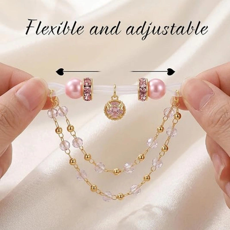 Adjustable Fake Nipple Clips with Crystal Chain & Round Beads | Silicone Rubber Band Non-Piercing DIY Body Jewelry