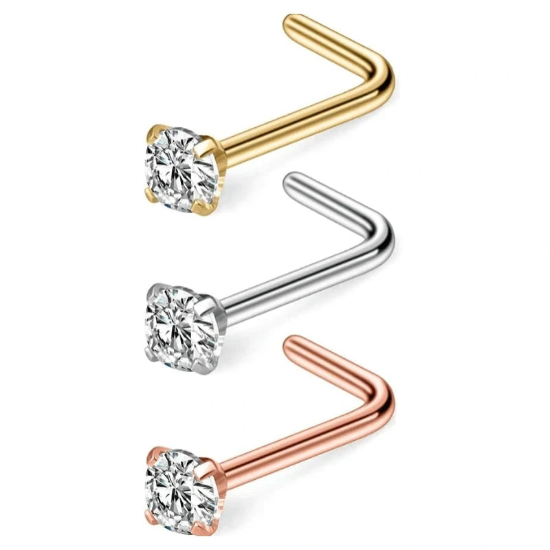 18G Surgical Steel Nose Stud 2.5mm Clear CZ L Shape Nose Ring Jewelry