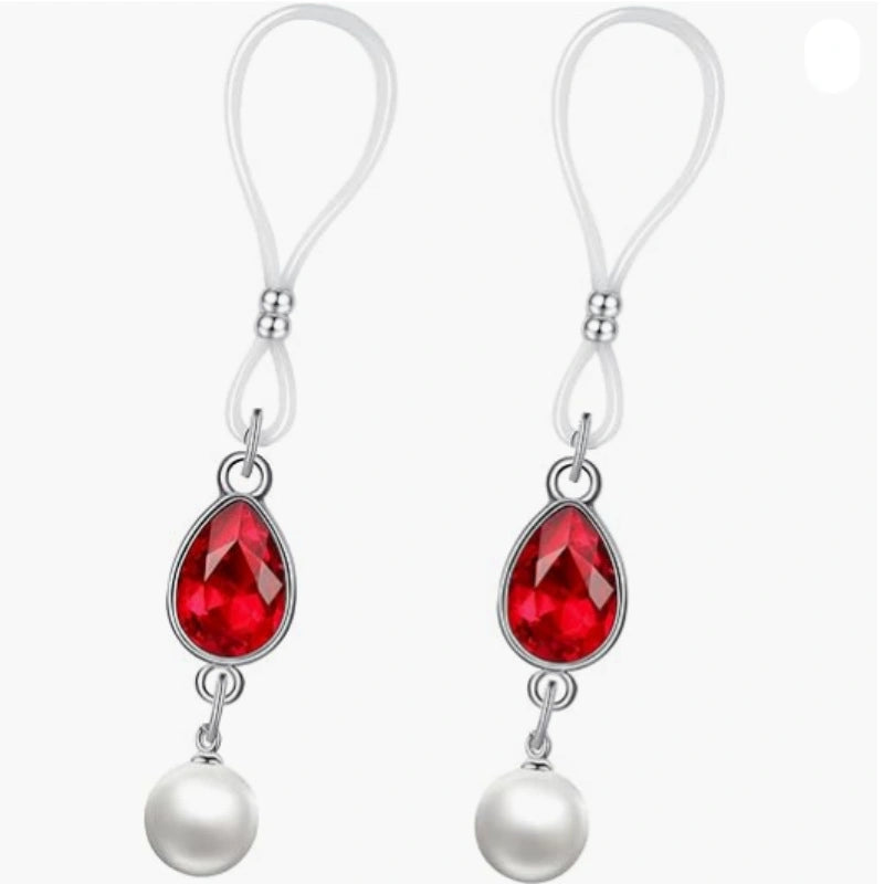 Red Diamond Teardrop Pearl Nipple Chain – Non-Piercing Nipple Rings Fashion Body Jewelry for Women