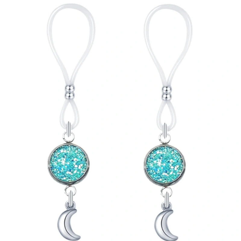Blue Round Adjustable Nipple Rings – Moon Dangle Fake Nipple Jewelry for Women