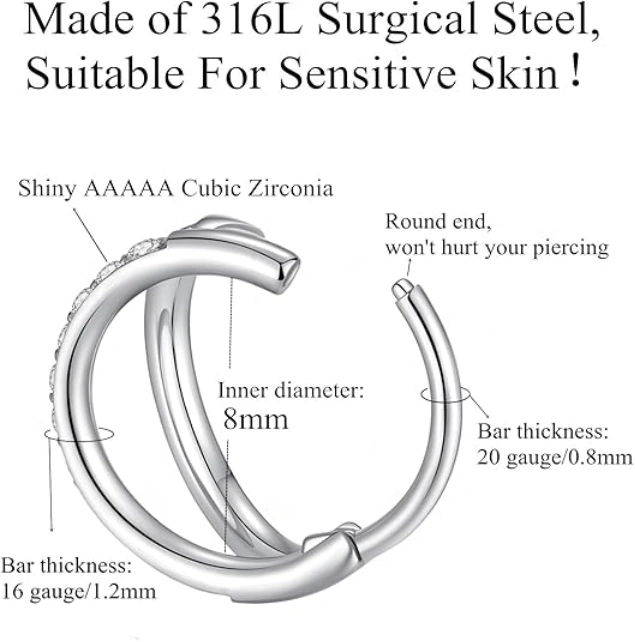 Double Open Stack CZ Nose Ring Hoop 316L Surgical Steel Hinged Clicker 20G 18G 16G
