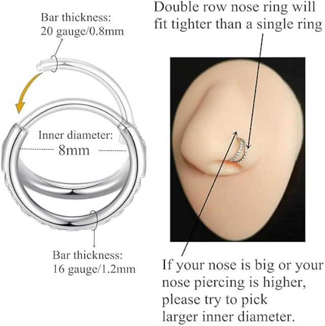 Double Open Stack CZ Nose Ring Hoop 316L Surgical Steel Hinged Clicker 20G 18G 16G