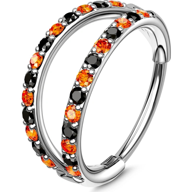 Double Open Stack CZ Nose Ring Hoop 316L Surgical Steel Hinged Clicker 20G 18G 16G