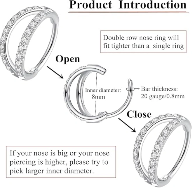 Double Open Stack CZ Nose Ring Hoop 316L Surgical Steel Hinged Clicker 20G 18G 16G