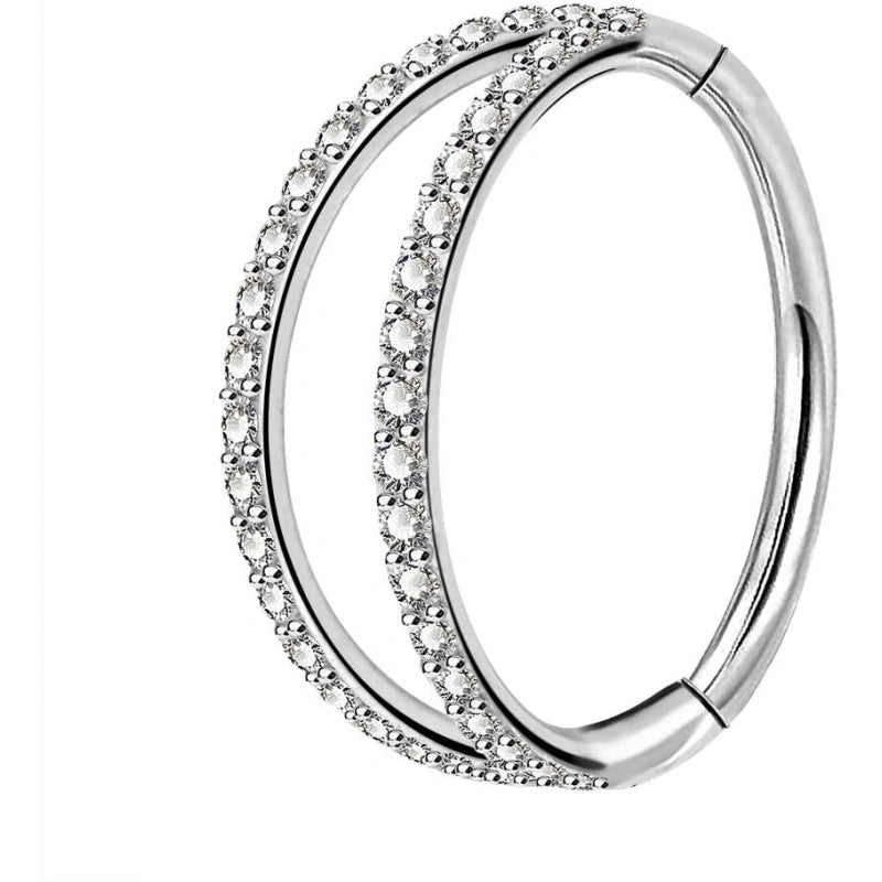 Double Open Stack CZ Nose Ring Hoop 316L Surgical Steel Hinged Clicker 20G 18G 16G