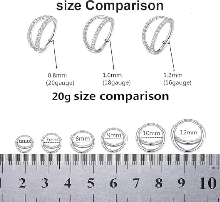 Double Open Stack CZ Nose Ring Hoop 316L Surgical Steel Hinged Clicker 20G 18G 16G
