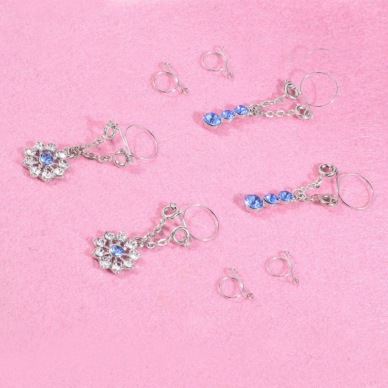 Crystal Fake Nipple Rings – Non-Piercing Adjustable Nipple Jewelry with Blue Round & Flower Pendant Dangle Chain