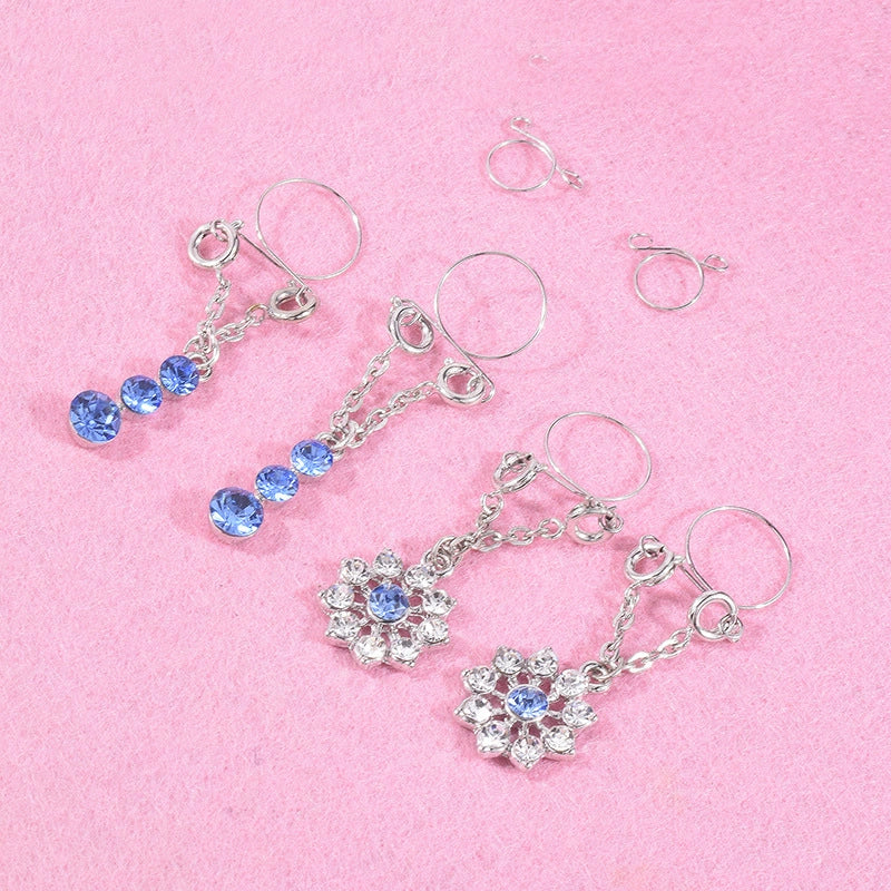 Crystal Fake Nipple Rings – Non-Piercing Adjustable Nipple Jewelry with Blue Round & Flower Pendant Dangle Chain