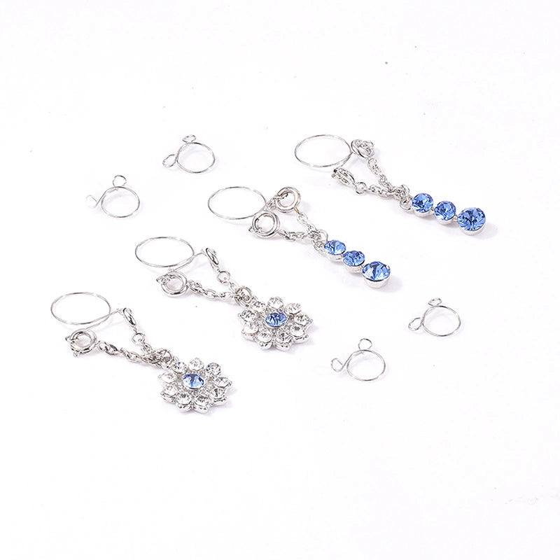 Crystal Fake Nipple Rings – Non-Piercing Adjustable Nipple Jewelry with Blue Round & Flower Pendant Dangle Chain