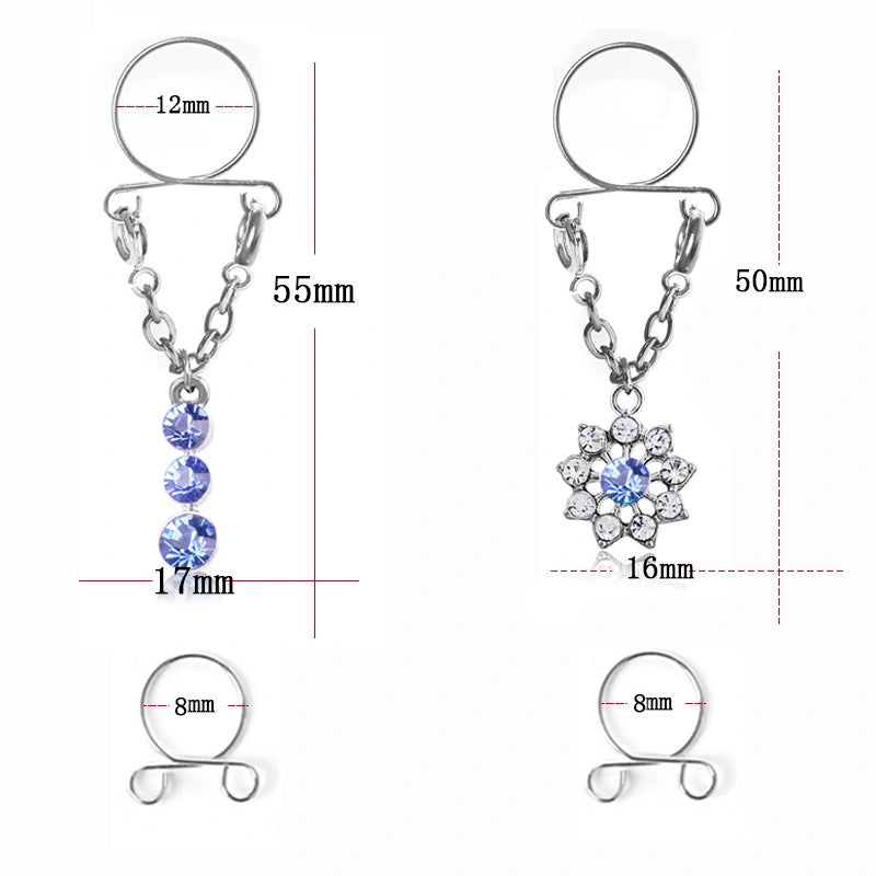 Crystal Fake Nipple Rings – Non-Piercing Adjustable Nipple Jewelry with Blue Round & Flower Pendant Dangle Chain