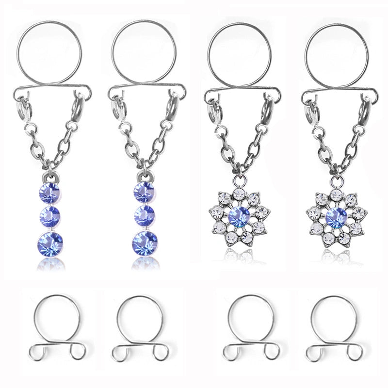 Crystal Fake Nipple Rings – Non-Piercing Adjustable Nipple Jewelry with Blue Round & Flower Pendant Dangle Chain