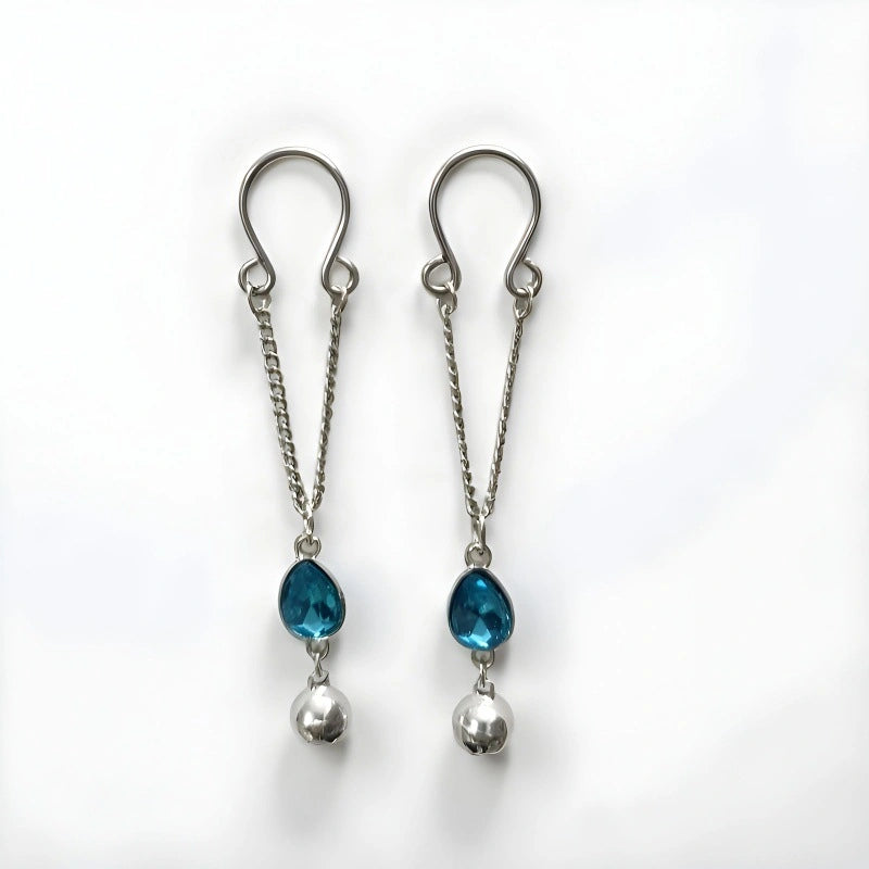 Stainless Steel Fake Nipple Ring Set | Teardrop CZ Dangle Bell | Non-Piercing Body Jewelry